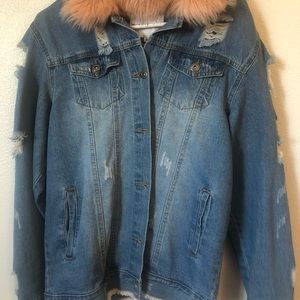 Fur collar ripped jean jacket